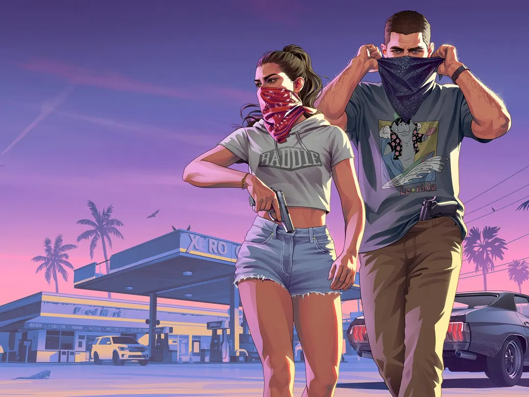 New GTA 6 artwork shows Jason and Lucia in bullet-riddled getaway car