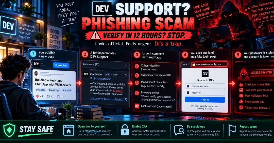 dev.to hit by phishing comments posing as "DEV Support"