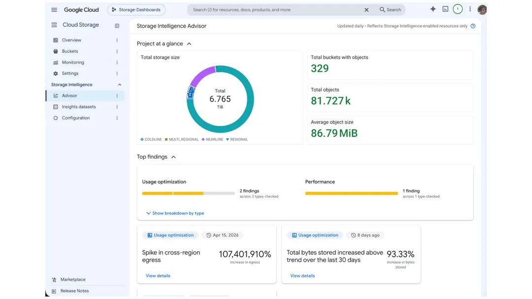 Google Cloud Storage Intelligence Advisor hits GA with 24-hour anomaly findings and 1,000-bucket batch jobs