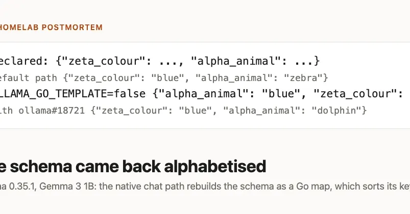 Ollama 0.35 re-sorts JSON schema keys alphabetically on native chat path