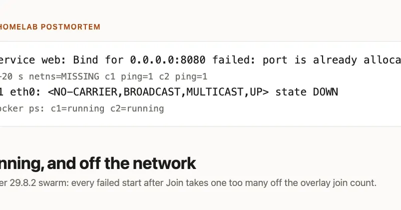 Docker 29.8.2 bug: failing swarm service cuts healthy containers off overlay network
