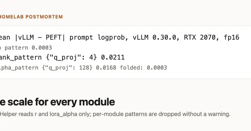 vLLM ignores LoRA rank_pattern and alpha_pattern, mis-scaling adapters