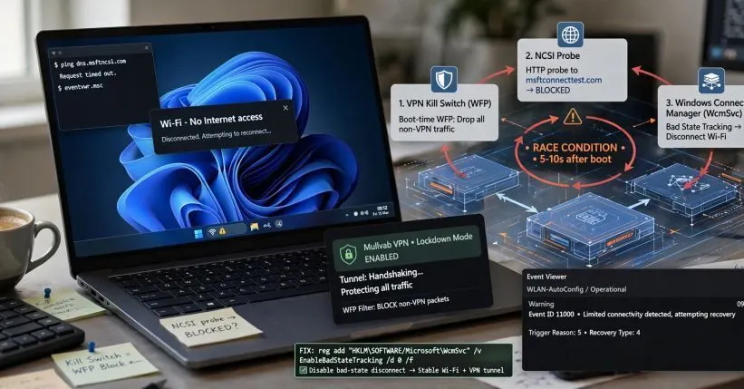 Windows 11 drops Wi-Fi on boot due to VPN kill switch race