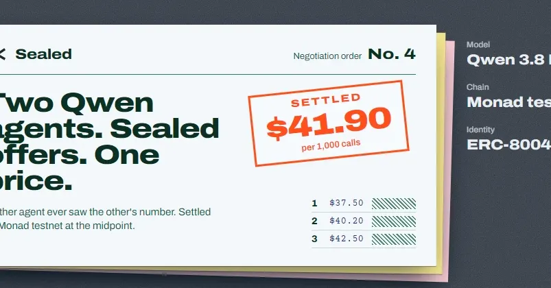 Two Qwen agents negotiated a price on Monad without seeing each other's bids