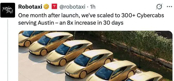 Tesla has over 300 Cybercabs and ~500 Robotaxis in Austin