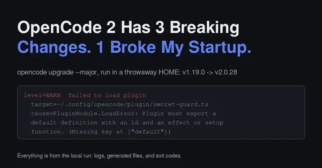 OpenCode 2 ships three breaking changes, one silently kills v1 plugins
