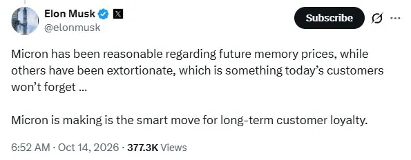 Musk Slams Memory Chip Pricing, Praises Micron