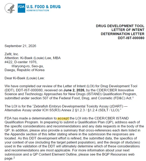 Zefit's zebrafish toxicity platform zDART accepted into FDA ISTAND program