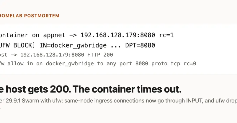 Docker 29.8+ breaks Swarm containers reaching their own node's ports under ufw