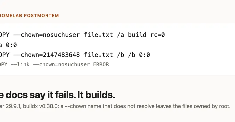 BuildKit silently gives files to root on missing --chown user