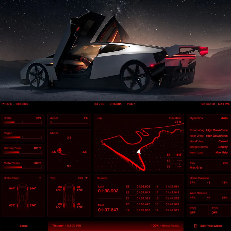 Tesla Roadster interface shown with fighter jet cockpit layout