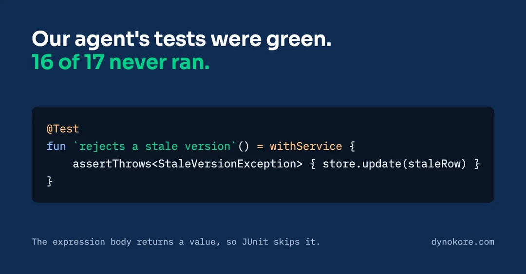 Agent's tests were green: 16 of 17 never ran