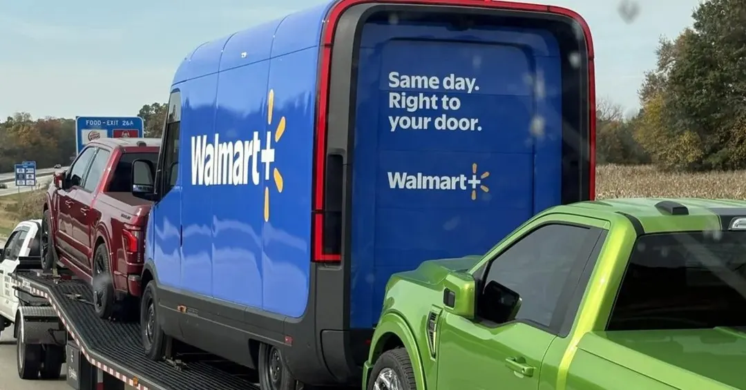 Rivian electric van in Walmart+ livery spotted on Indiana highway