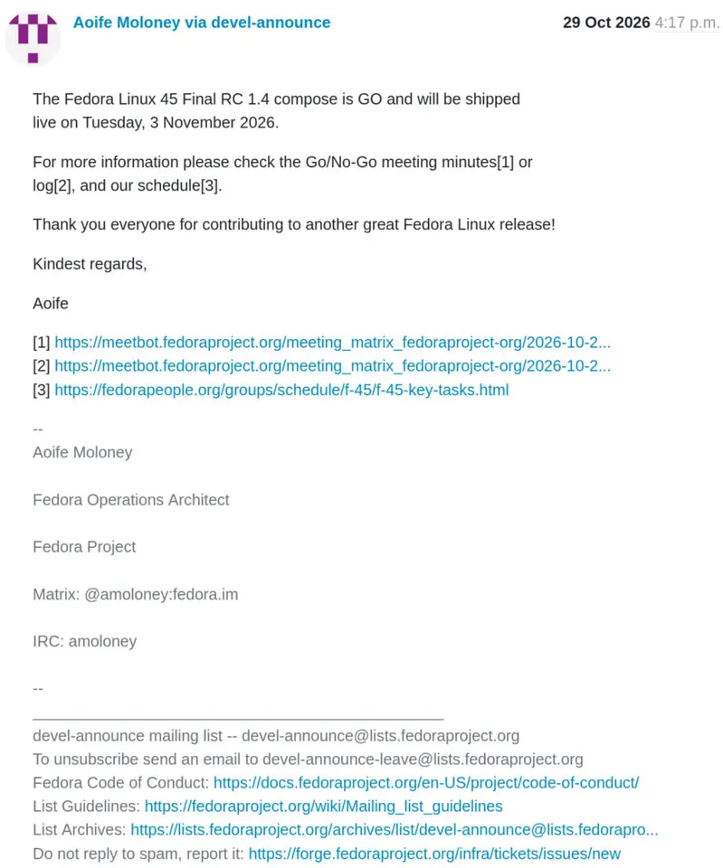 Fedora 45 gets November 3 release date after bug delays